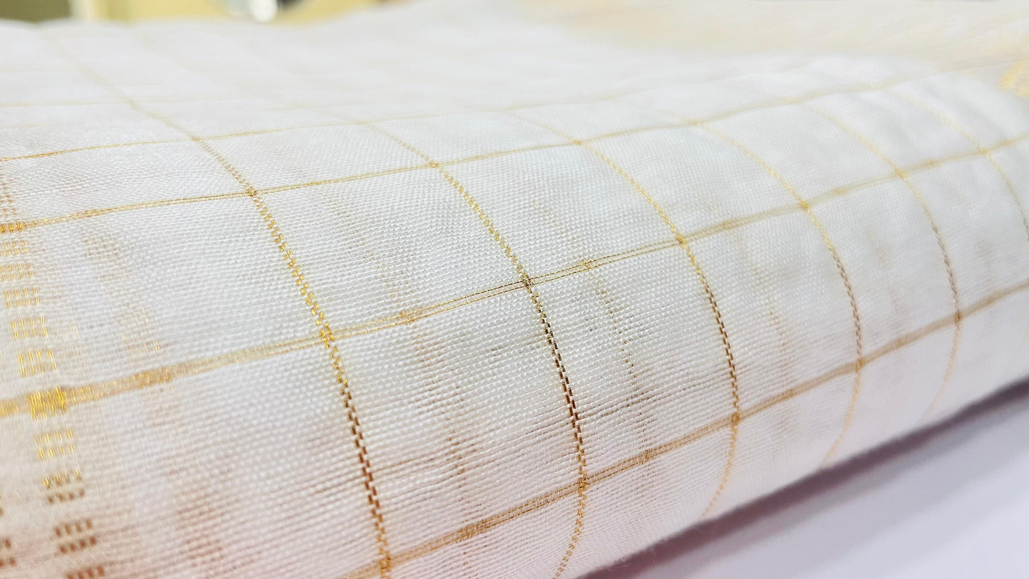 Soft Silk Cotton Saree  with Gold Zari Checks (WHITE)