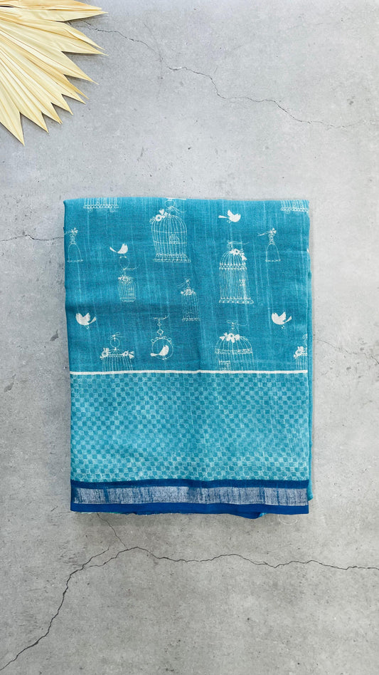 Soft Organic Linen Cotton Saree (BLUE)