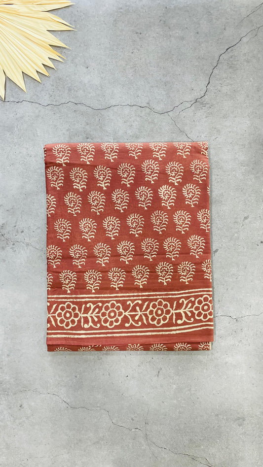 Soft Handblock Printed  Cotton Saree (BROWN)