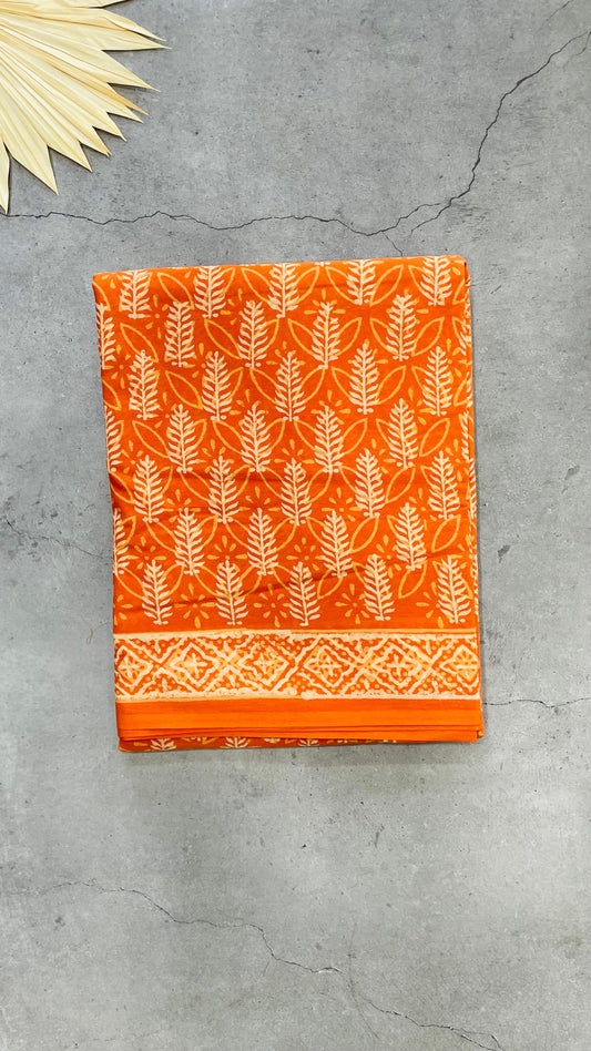 Soft Handblock Printed  Cotton Saree (ORANGE)