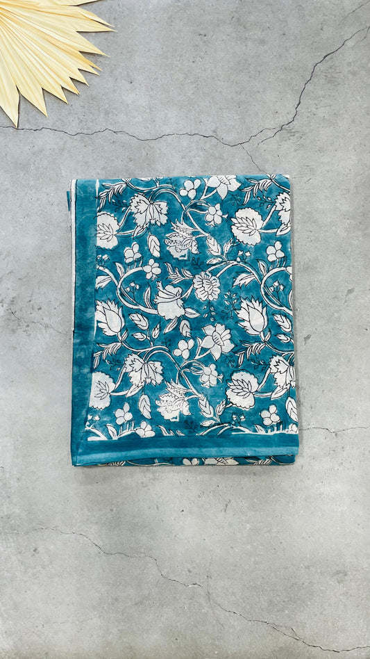 Soft Handblock Printed  Cotton Saree (BLUE)