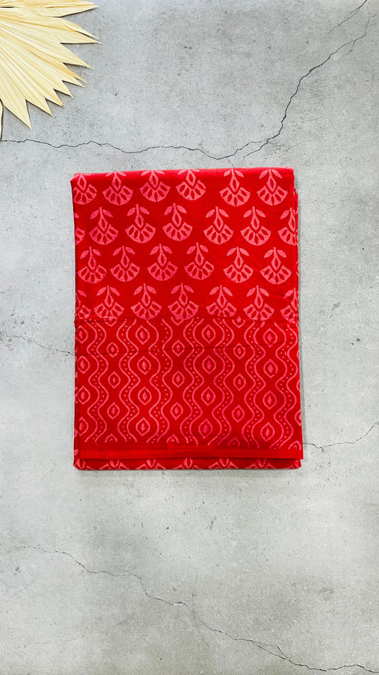 Soft Handblock Printed  Cotton Saree (RED)