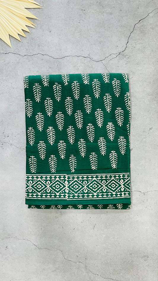 Soft Handblock Printed  Cotton Saree (DARK GREEN)