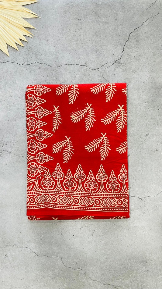 Soft Handblock Printed  Cotton Saree (RED)