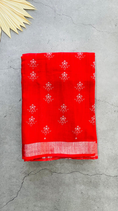 Soft Organic Linen Cotton Saree (RED)