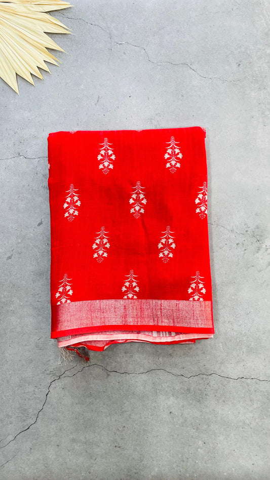 Soft Organic Linen Cotton Saree (RED)