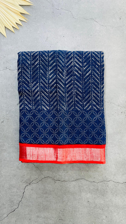 Soft Organic Linen Cotton Saree (INDIGO)