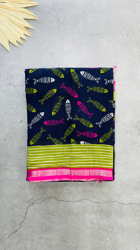 Soft Organic Linen Cotton Saree with Fish Prints (NAVY BLUE)