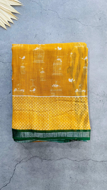 Soft Organic Linen Cotton Saree (MUSTARD)