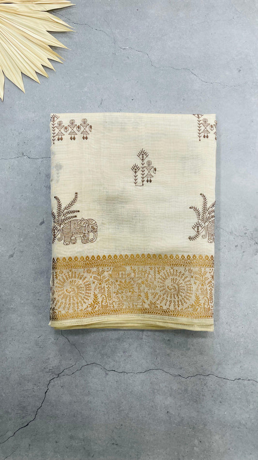 Soft Silk Cotton Saree with Gold kantha Embroidery (CREAM)