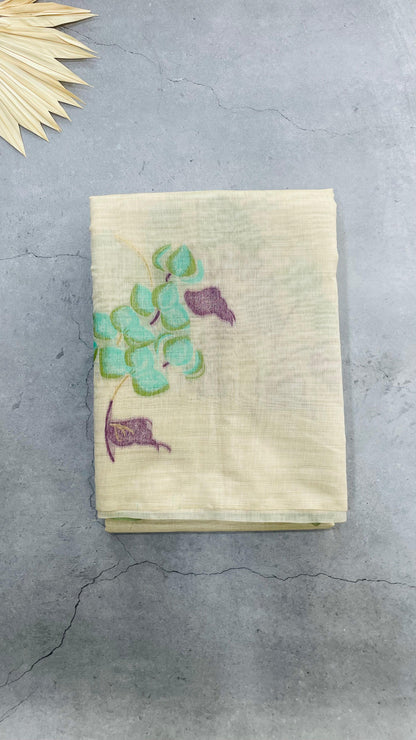Soft Silk Cotton Floral weave Jamdani Saree (CREAM & GREEN)