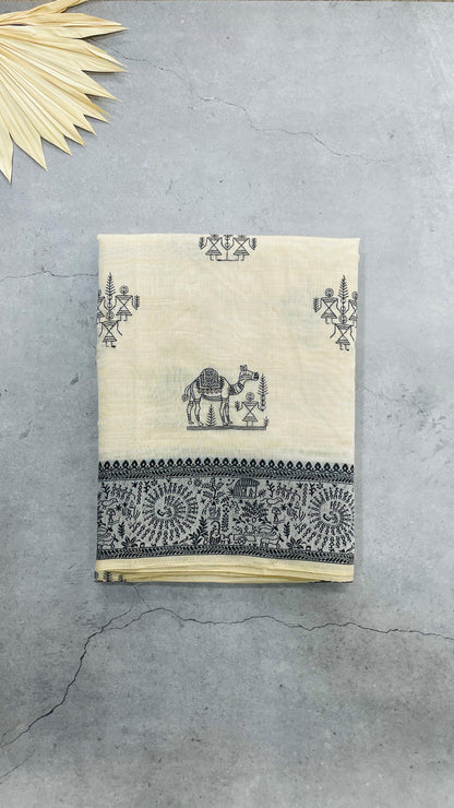 Soft Silk Cotton Saree with Black kantha Embroidery (CREAM)