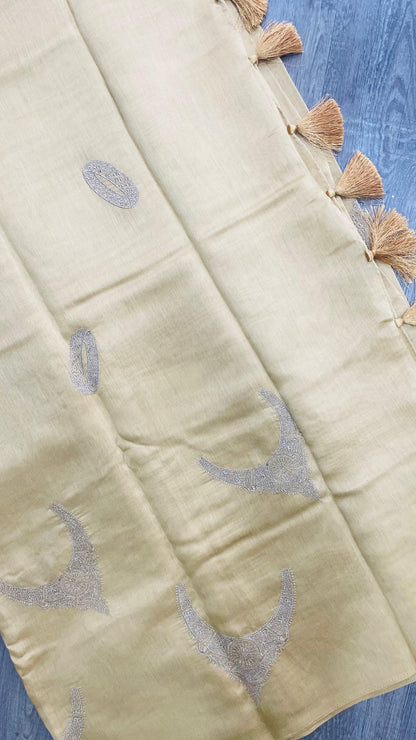 Soft Semi Tussar Designer Saree with Embroidery (CREAM)