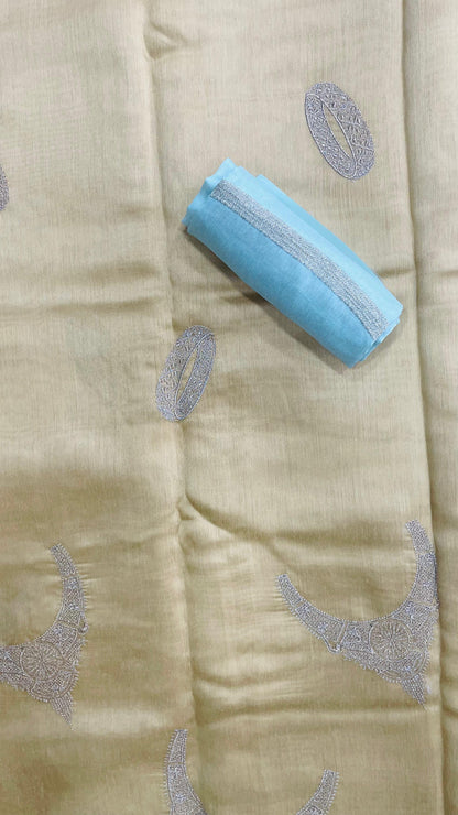 Soft Semi Tussar Designer Saree with Embroidery (CREAM)