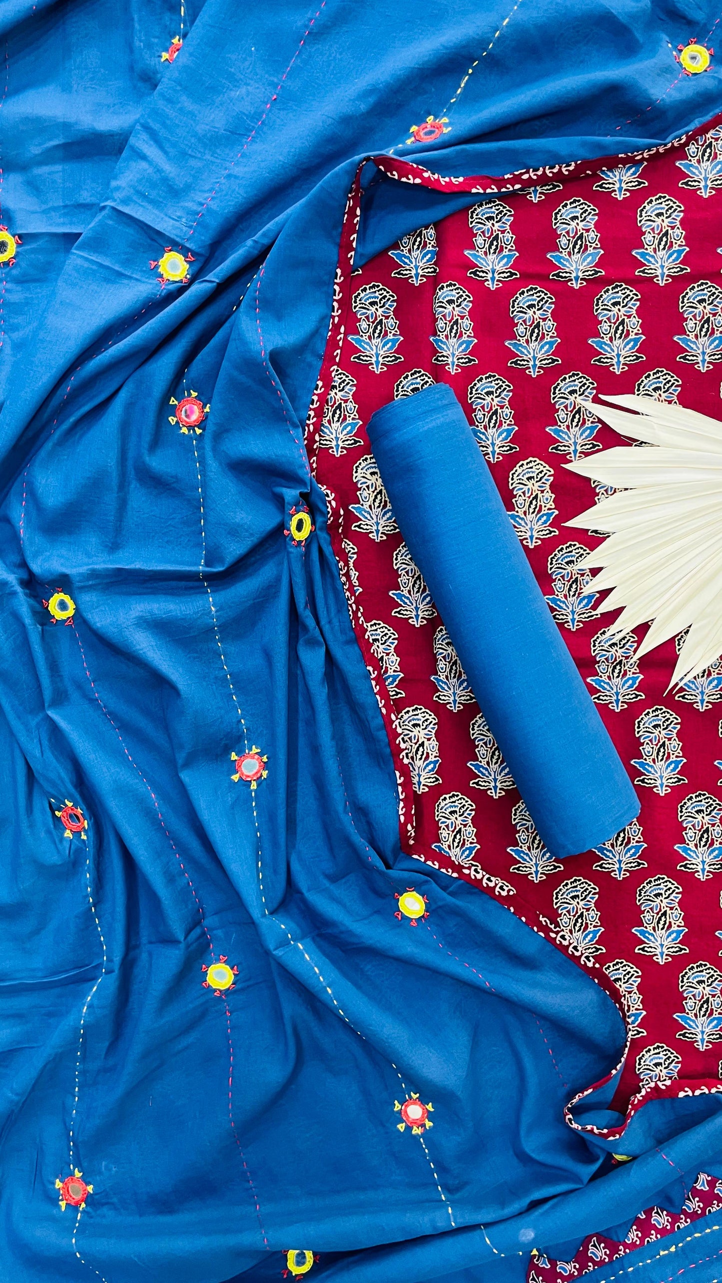 Soft Ajrakh Print Cotton Salwar Suit with Hand worked Dupatta (MAROON & BLUE)