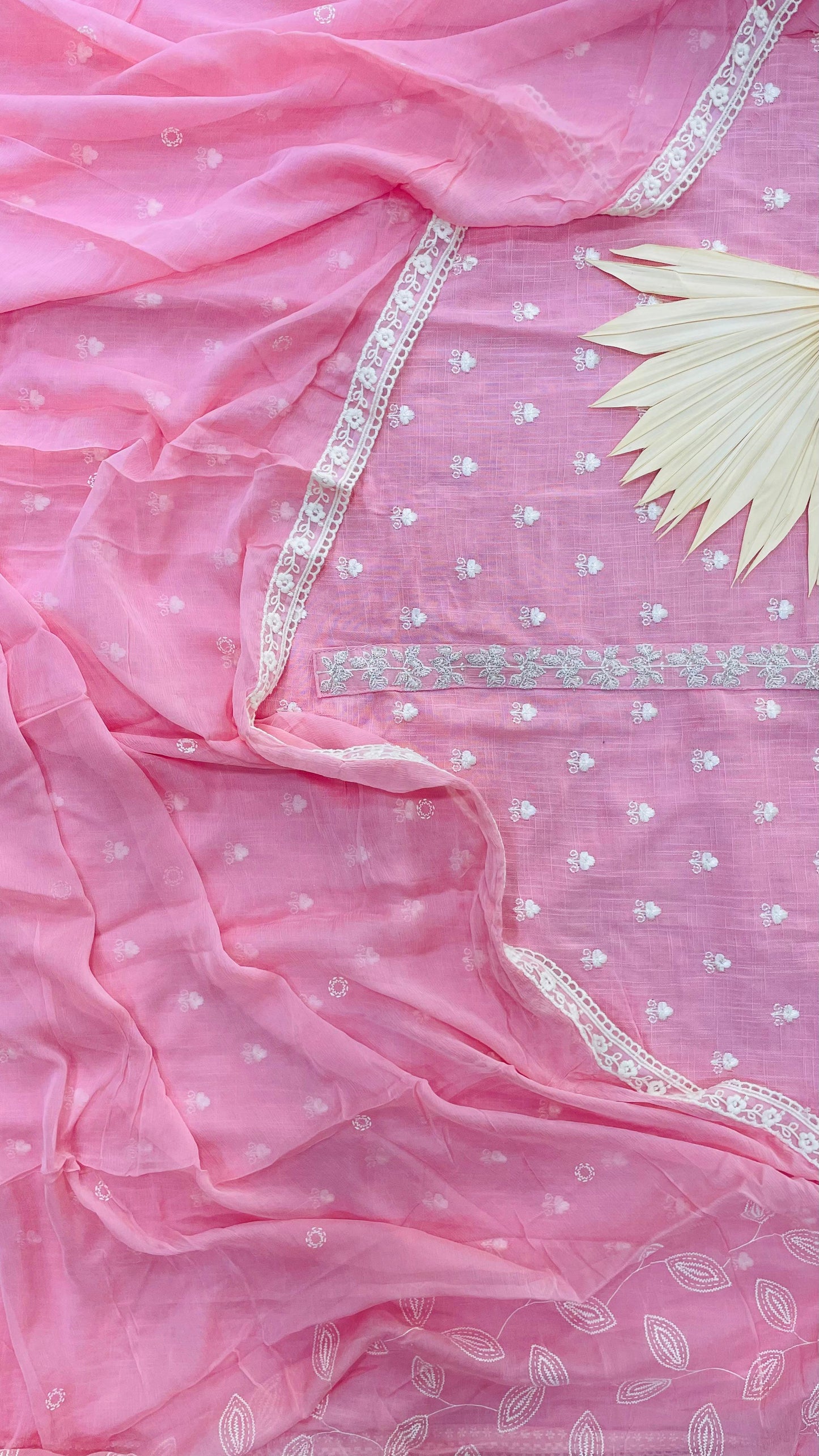 Soft Pastel Colour Embroidered Linen Salwar Suit with Chiffon Dupatta (PINK)