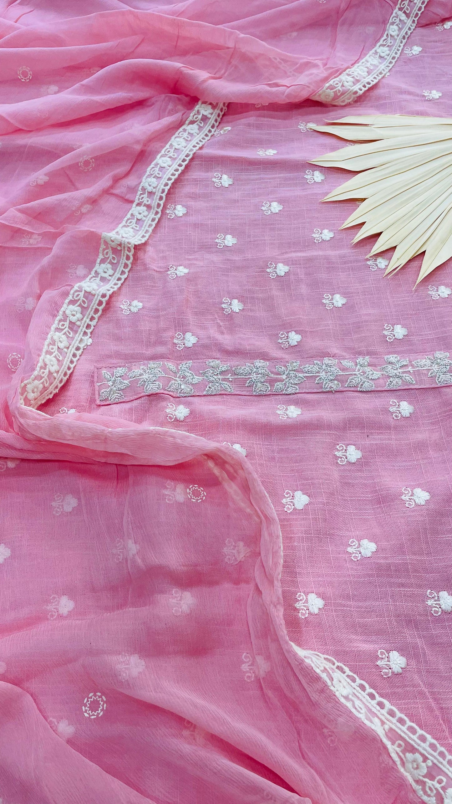 Soft Pastel Colour Embroidered Linen Salwar Suit with Chiffon Dupatta (PINK)