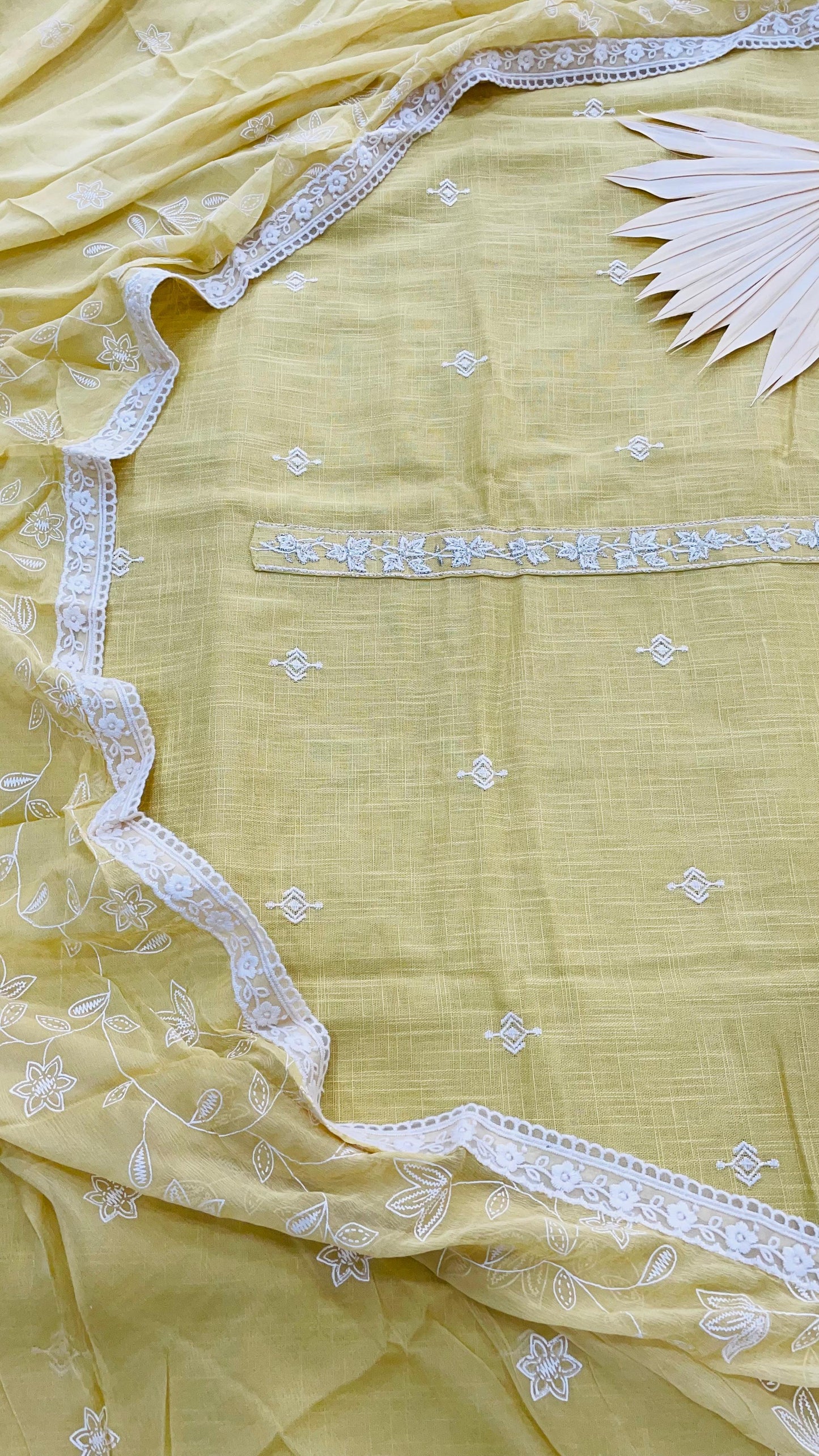 Soft Pastel Colour Embroidered Linen Salwar Suit with Chiffon Dupatta (YELLOW)