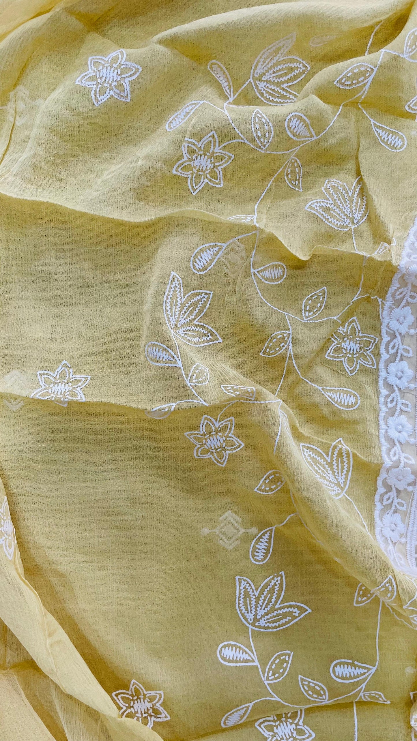 Soft Pastel Colour Embroidered Linen Salwar Suit with Chiffon Dupatta (YELLOW)