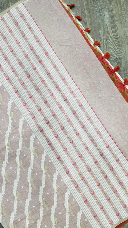 Soft Silk Cotton Jamdani Saree (CREAM & PEACH)