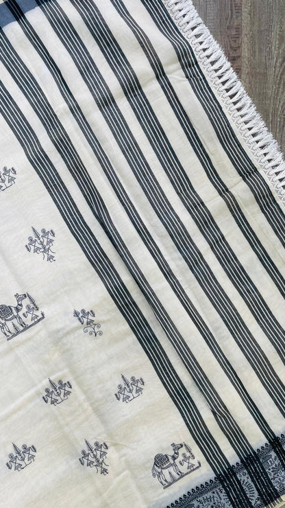 Soft Silk Cotton Saree with Black kantha Embroidery (CREAM)