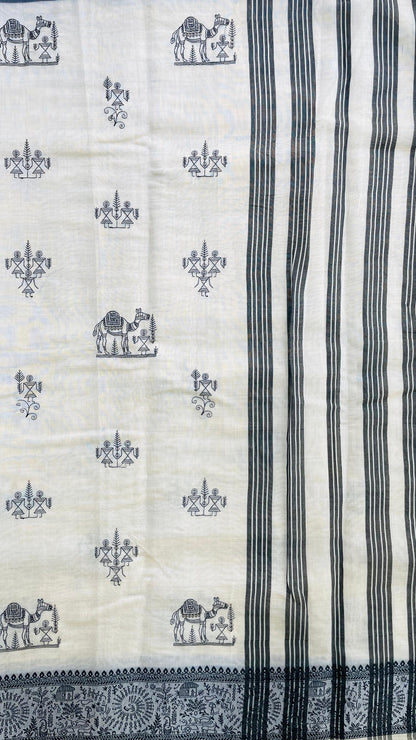 Soft Silk Cotton Saree with Black kantha Embroidery (CREAM)
