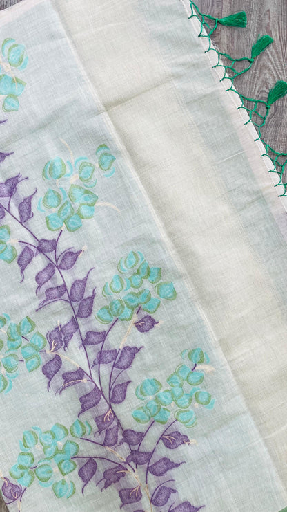 Soft Silk Cotton Floral weave Jamdani Saree (CREAM & GREEN)