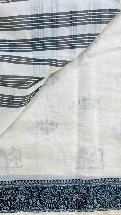 Soft Silk Cotton Saree with Black kantha Embroidery (CREAM)