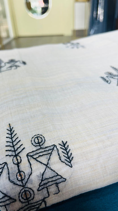 Soft Silk Cotton Saree with Black kantha Embroidery (CREAM)