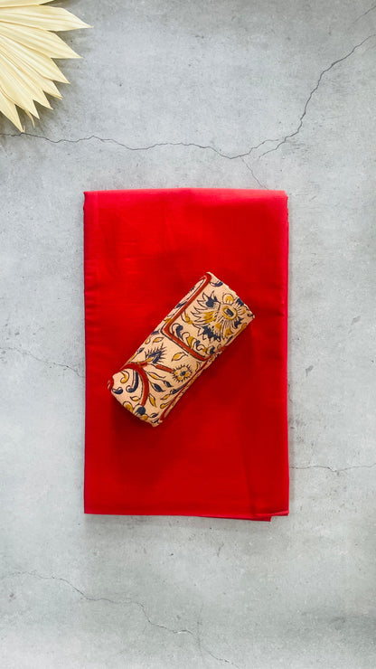 Plain Mul Cotton saree matched with Contrast Blouse (RED)