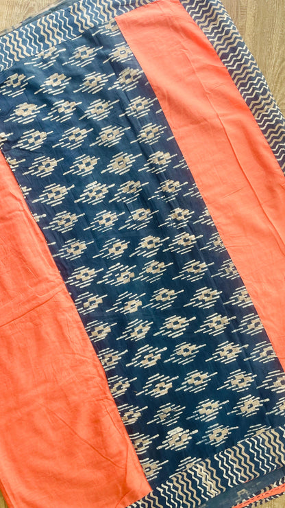 Soft Hand Block Printed Patch Mul Cotton Saree (PEACH)