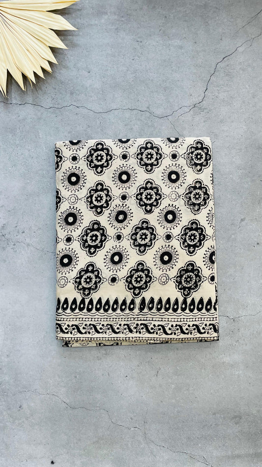 Soft Handblock Printed  Cotton Saree (OFF WHITE & BLACK)