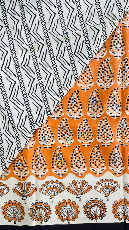 Soft Handblock Printed  Cotton Saree (ORANGE)
