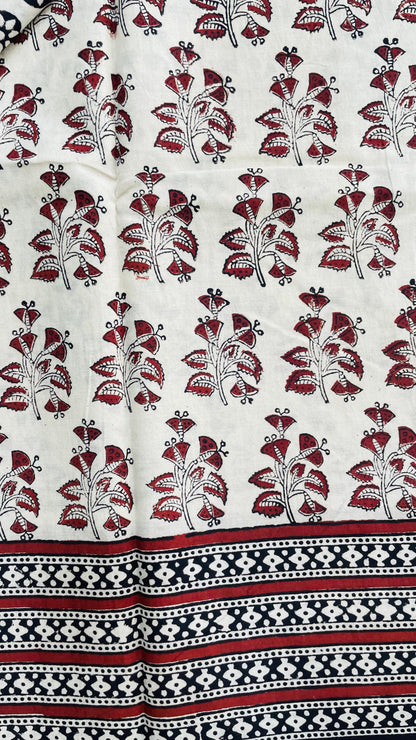 Soft Handblock Printed  Cotton Saree (OFF WHITE & MAROON)