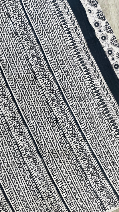 Soft Handblock Printed  Cotton Saree (OFF WHITE & BLACK)