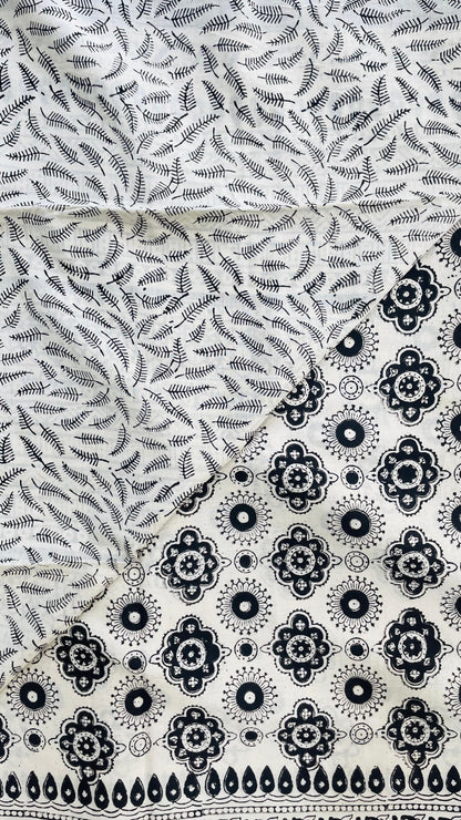 Soft Handblock Printed  Cotton Saree (OFF WHITE & BLACK)