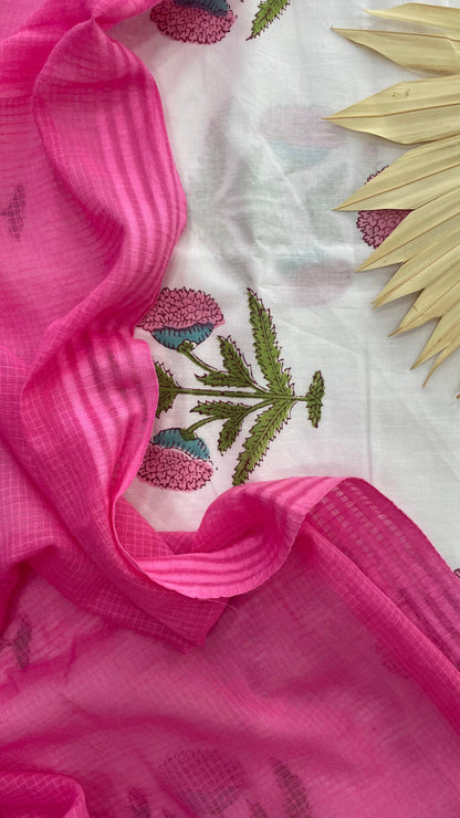 Soft Handblock Printed Cotton Salwar Suit with Dual Colour Mulmul Dupatta (WHITE)