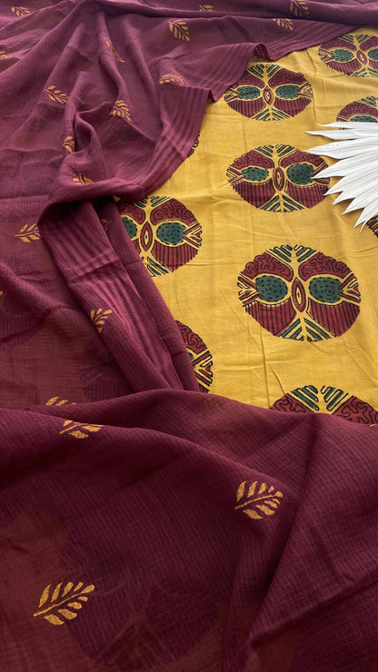 Soft Handblock Printed Cotton Salwar Suit with Mulmul Dupatta (MUSTARD & MAROON)