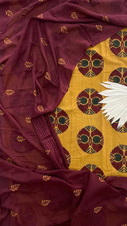 Soft Handblock Printed Cotton Salwar Suit with Mulmul Dupatta (MUSTARD & MAROON)