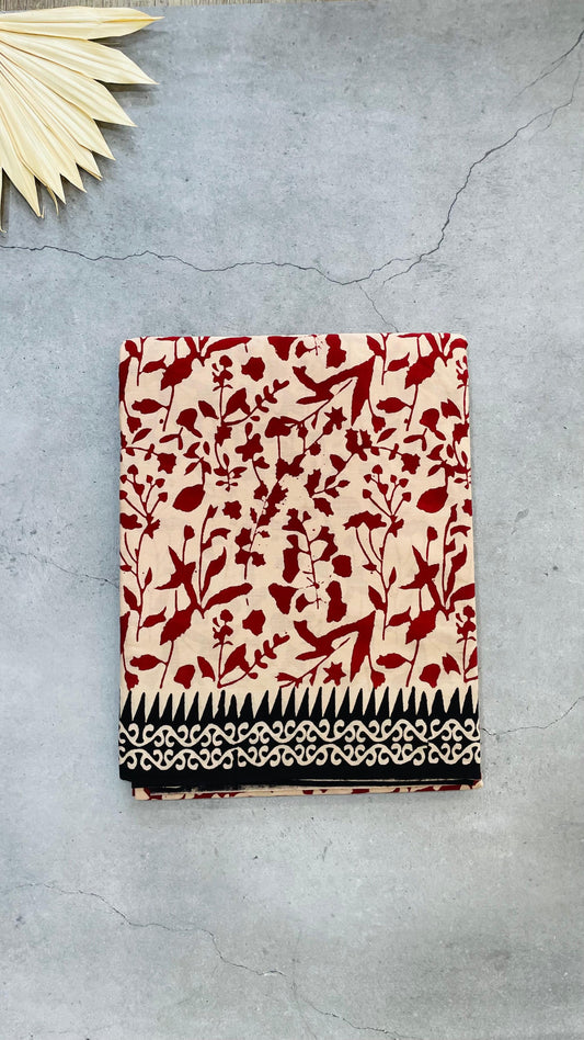 Soft Handblock Printed  Cotton Saree (OFF WHITE & MAROON)