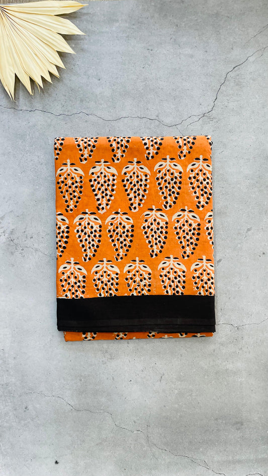 Soft Handblock Printed  Cotton Saree (ORANGE)