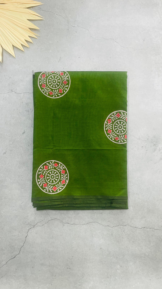 Soft Silk Cotton Hand block Printed Saree (ALGAE GREEN)