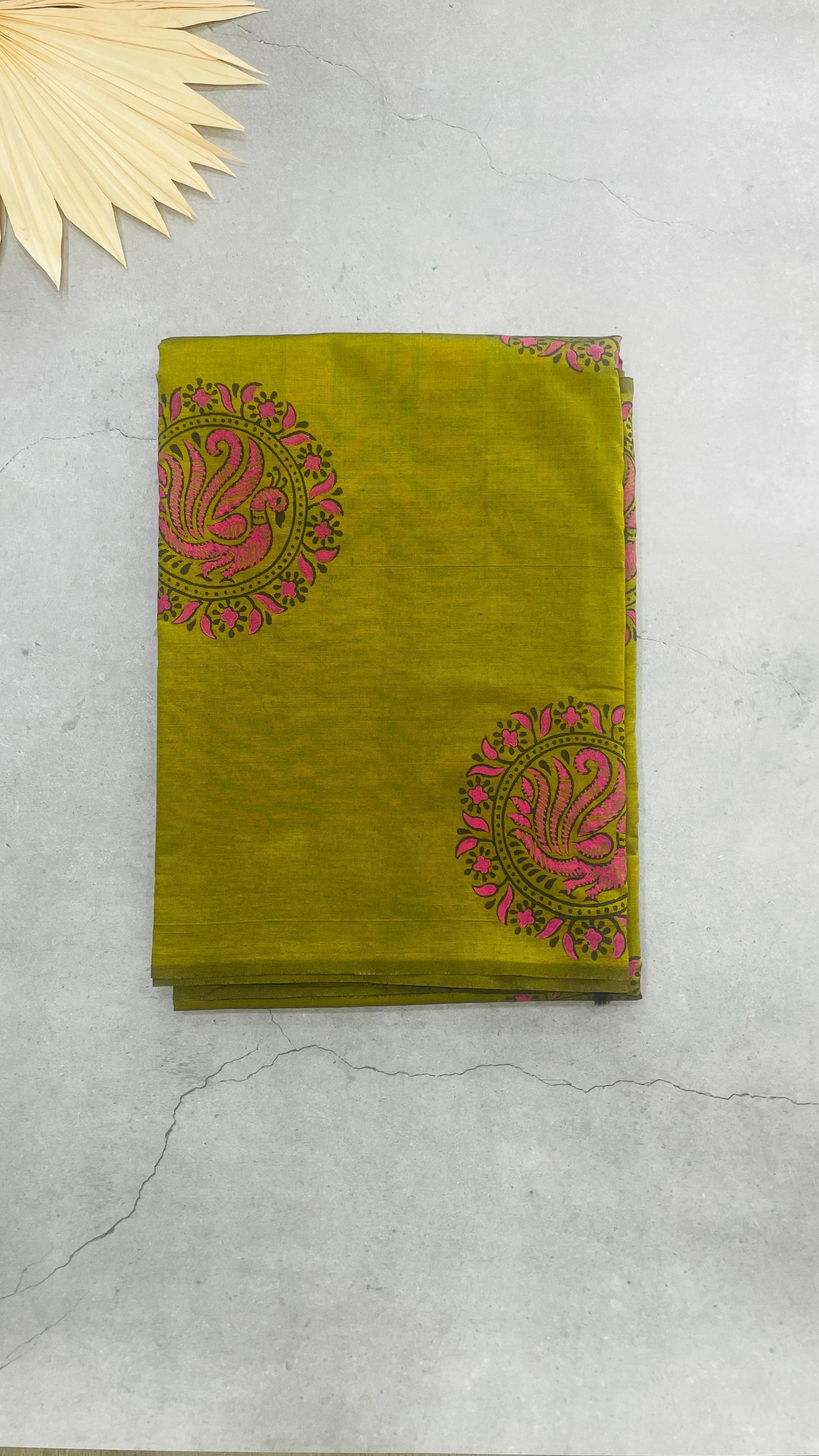 Soft Silk Cotton Hand block Printed Saree (GOLDEN GREEN)