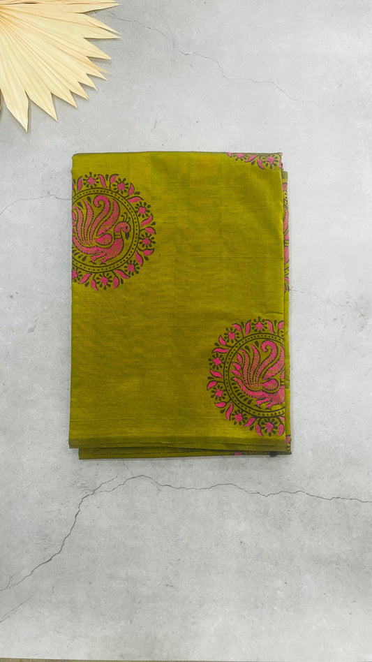 Soft Silk Cotton Hand block Printed Saree (GOLDEN GREEN)