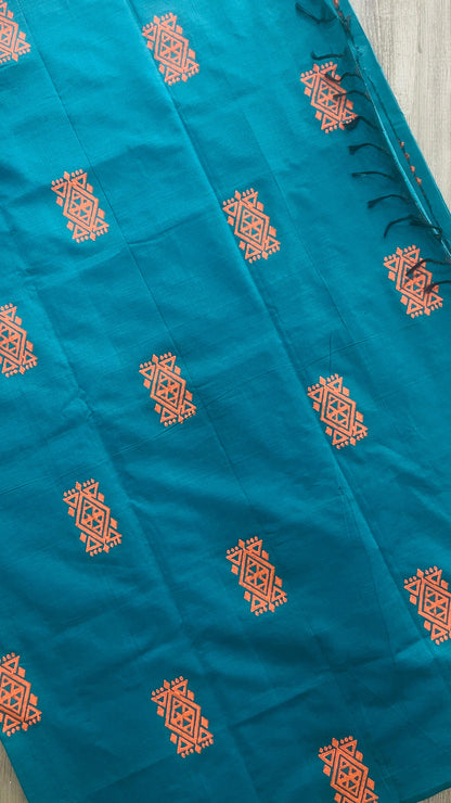 Soft Silk Cotton Hand block Printed Saree (TEAL GREEN)