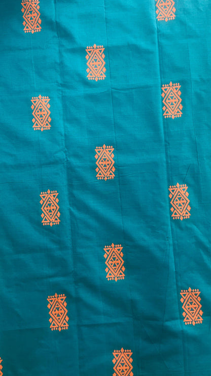 Soft Silk Cotton Hand block Printed Saree (TEAL GREEN)