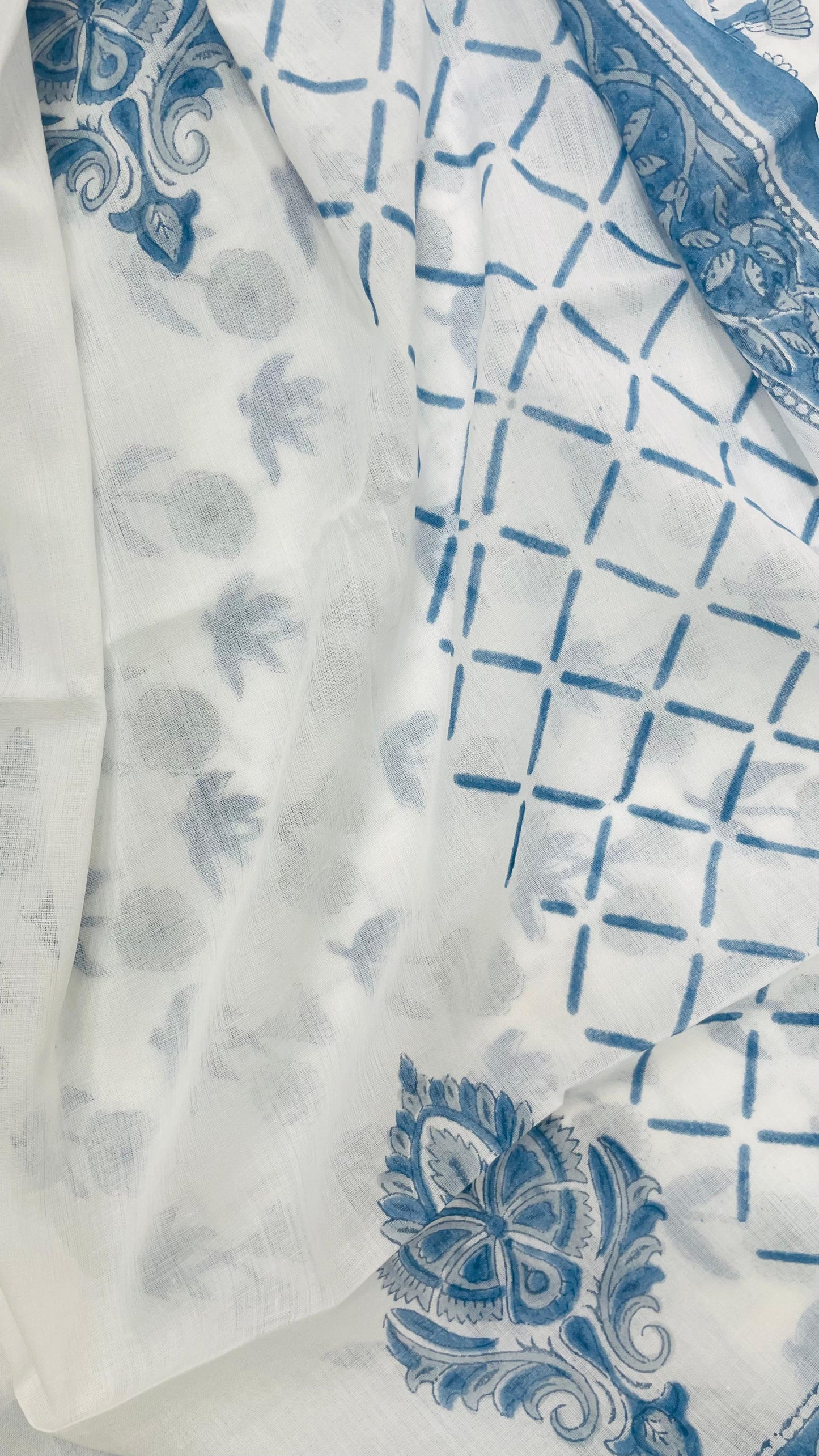 Soft Handblock Printed Cotton Salwar Suit with Mulmul Dupatta (BLUE & WHITE)