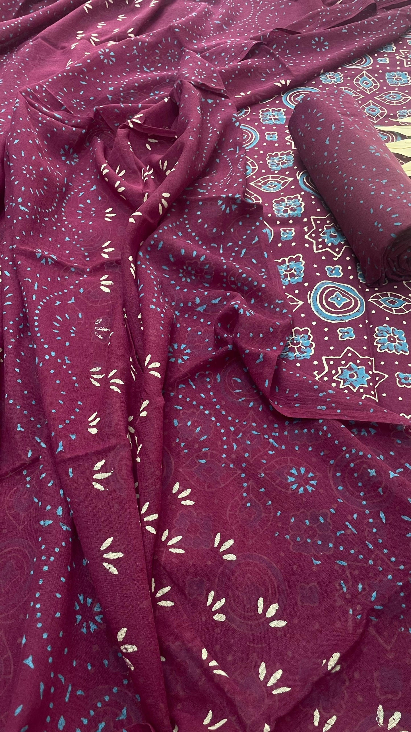 Soft Handblock Printed Cotton Salwar Suit with Mulmul Dupatta (MAROON)