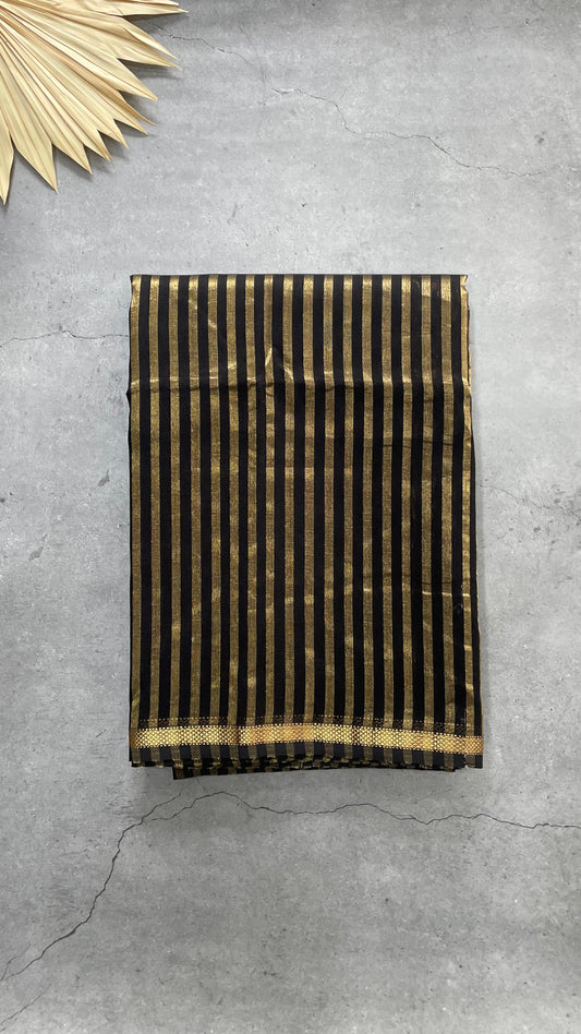 Handwoven Maheshwari Silk Tissue Saree with Gold stripes (BLACK & GOLD)