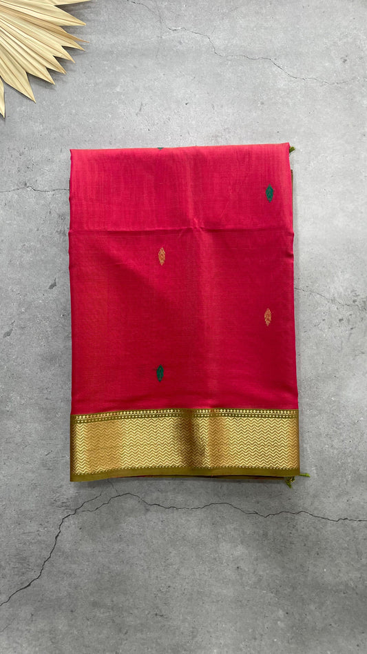 Handwoven Maheshwari Silk Cotton Saree with Butti (DARK PINK)